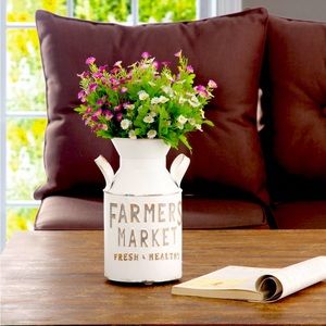 Farmers Market Metal Milk Jug Décor: Vintage Charm in White, 10.4” H”
